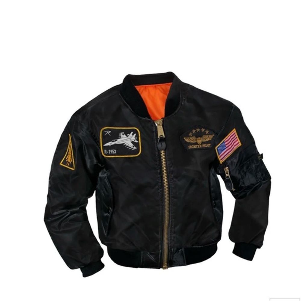 Black Bomber Jacket with Patches Kids Medium
